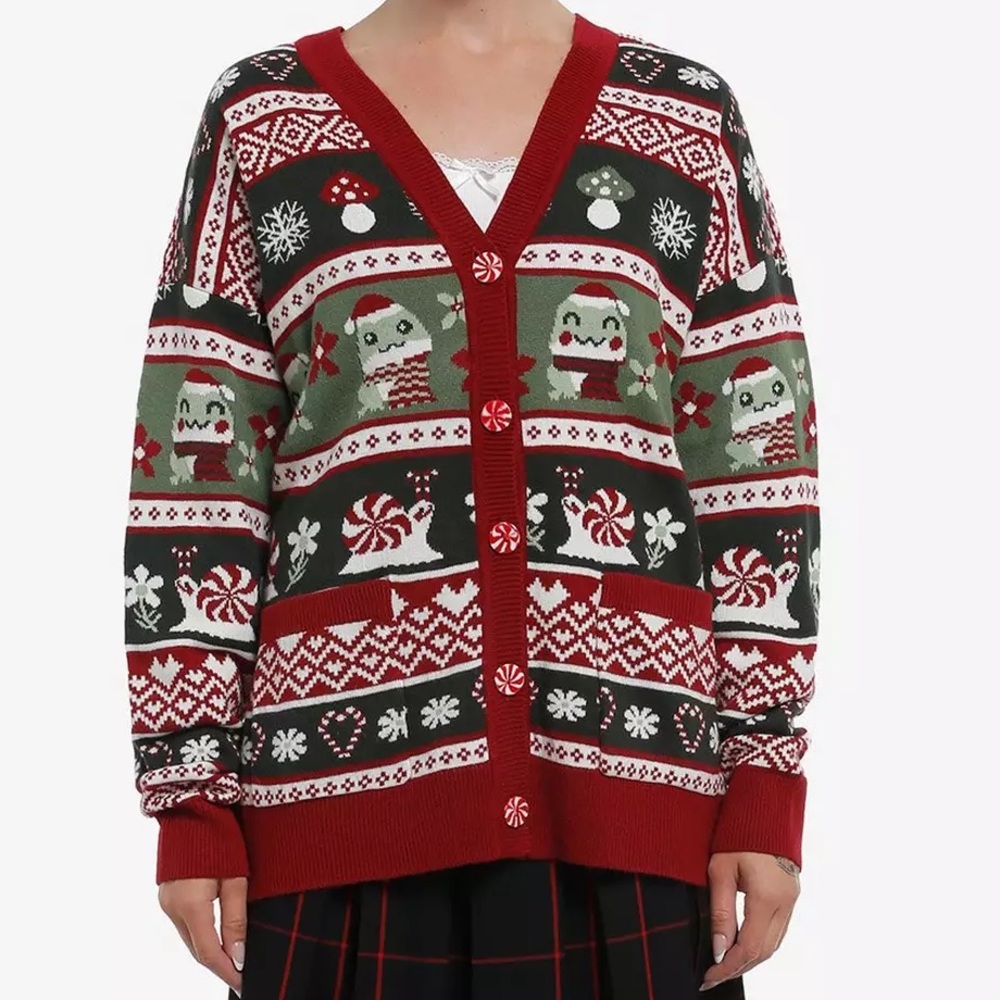 Thorn & Fable Peppermint Snail & Frog Cardigan Hot Topic Christmas Holiday